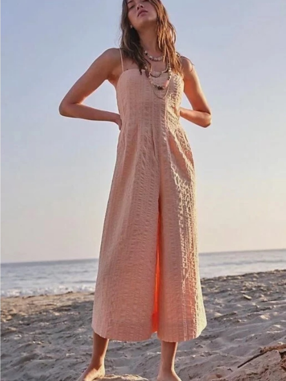 Free People Devon Peach Spaghetti-Strap Maxi Jumpsuit Small